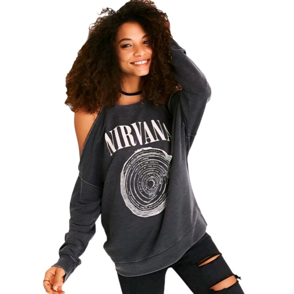 AE Nirvana Burnout Wash Cold Shoulder Charcoal Sweatshirt Sweater Top